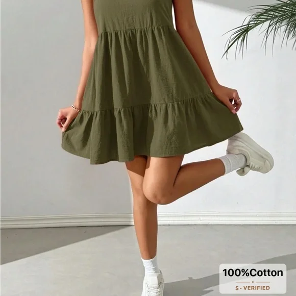 SHEIN Olive Green Tiered Mini Dress - Picture 1 of 3